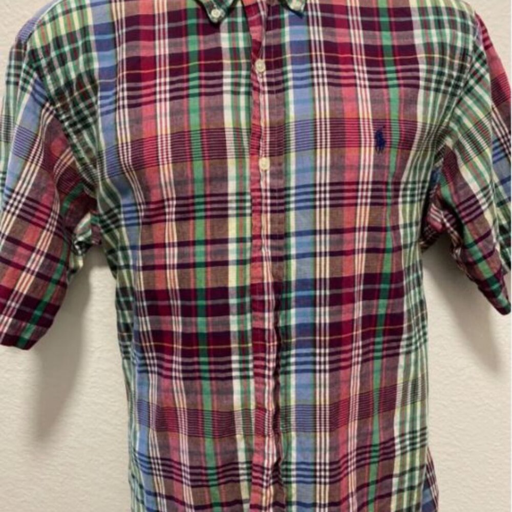 Ralph Lauren Mens Multicolor Plaid Short Sleeve Button-Up Shirt Sz L Green Plum